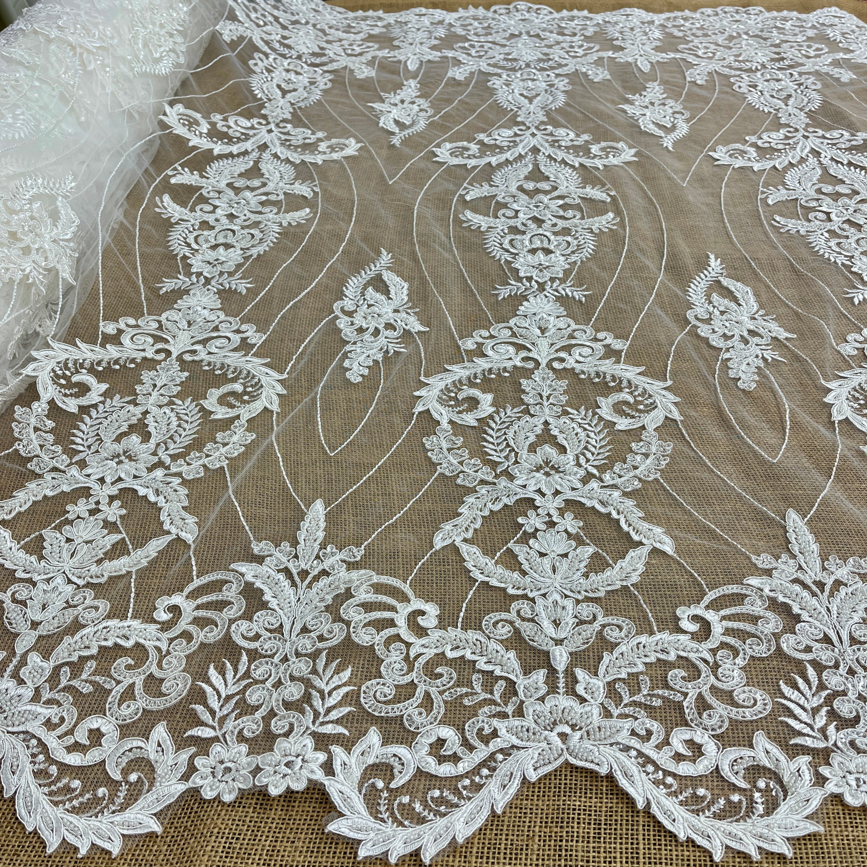 Beaded & Corded Bridal Lace Fabric Embroidered on 100% Polyester Net Mesh | Lace USA - GD-55519-1