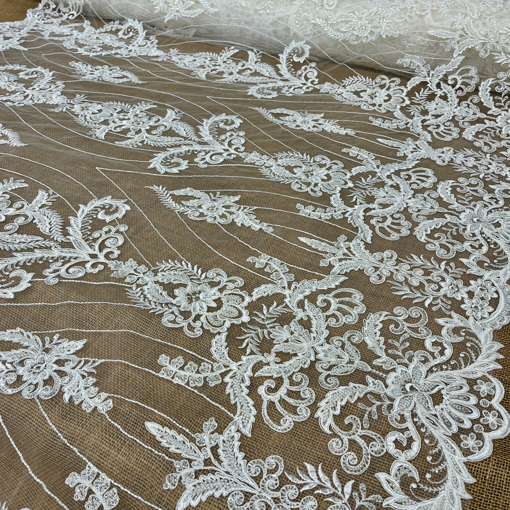 Beaded & Corded Bridal Lace Fabric Embroidered on 100% Polyester Net Mesh | Lace USA - GD-55519-4