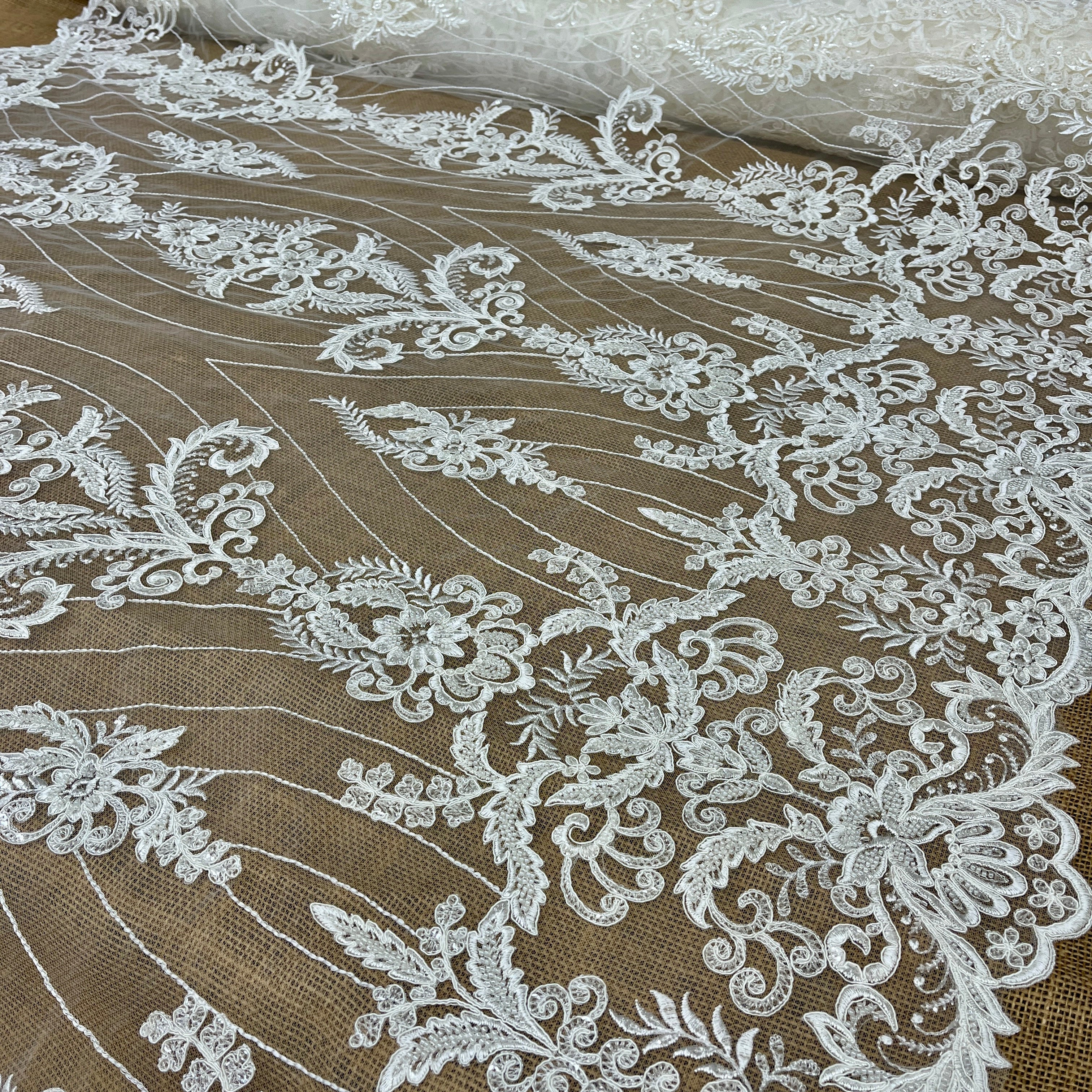 Beaded & Corded Bridal Lace Fabric Embroidered on 100% Polyester Net Mesh | Lace USA - GD-55519-4